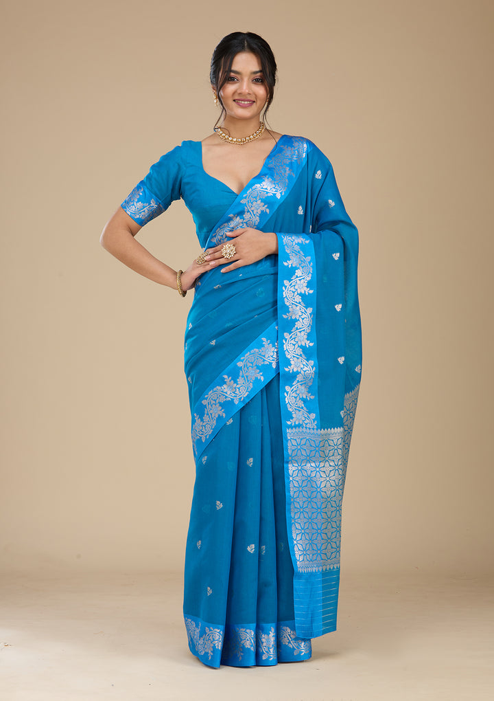 Peacock Blue Banarasi Silk Saree With Matching Blouse Piece