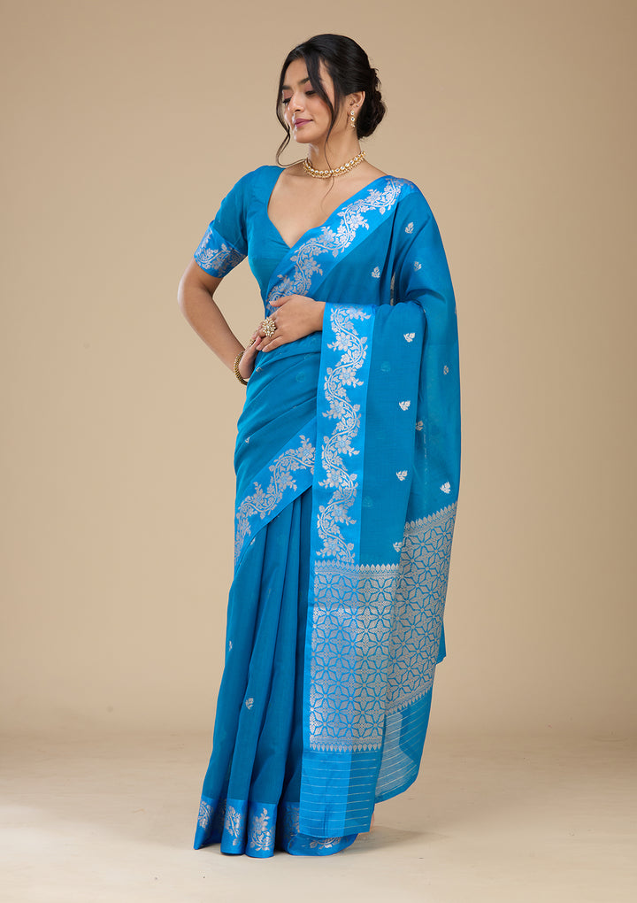 Peacock Blue Banarasi Silk Saree With Matching Blouse Piece