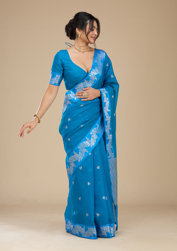 Peacock Blue Banarasi Silk Saree With Matching Blouse Piece