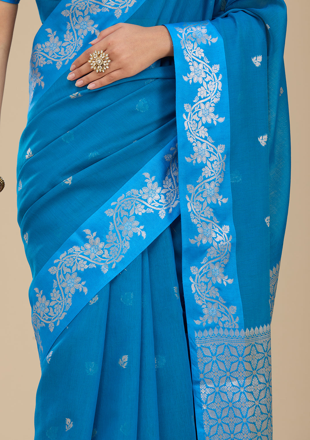 Peacock Blue Banarasi Silk Saree With Matching Blouse Piece
