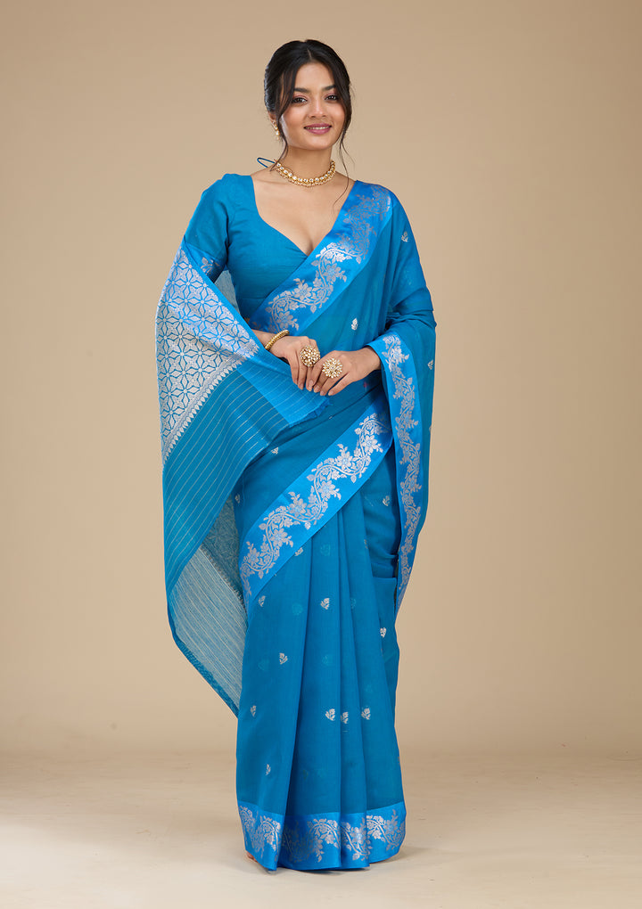Peacock Blue Banarasi Silk Saree With Matching Blouse Piece