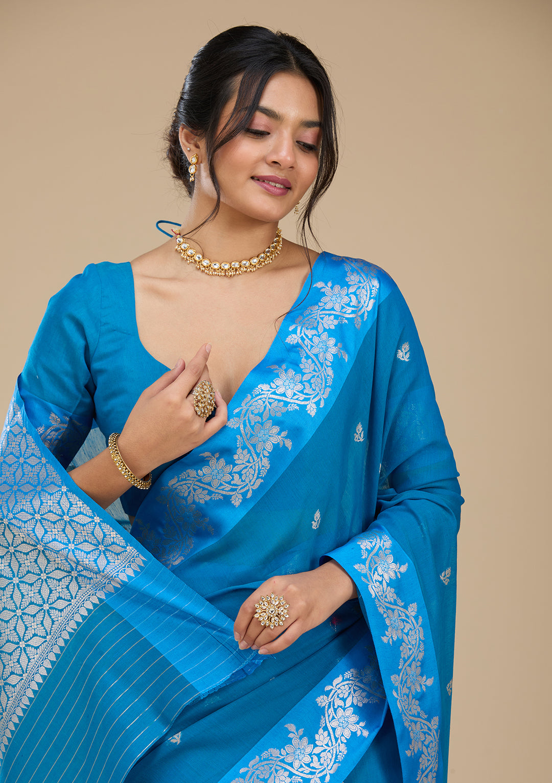 Peacock Blue Banarasi Silk Saree With Matching Blouse Piece