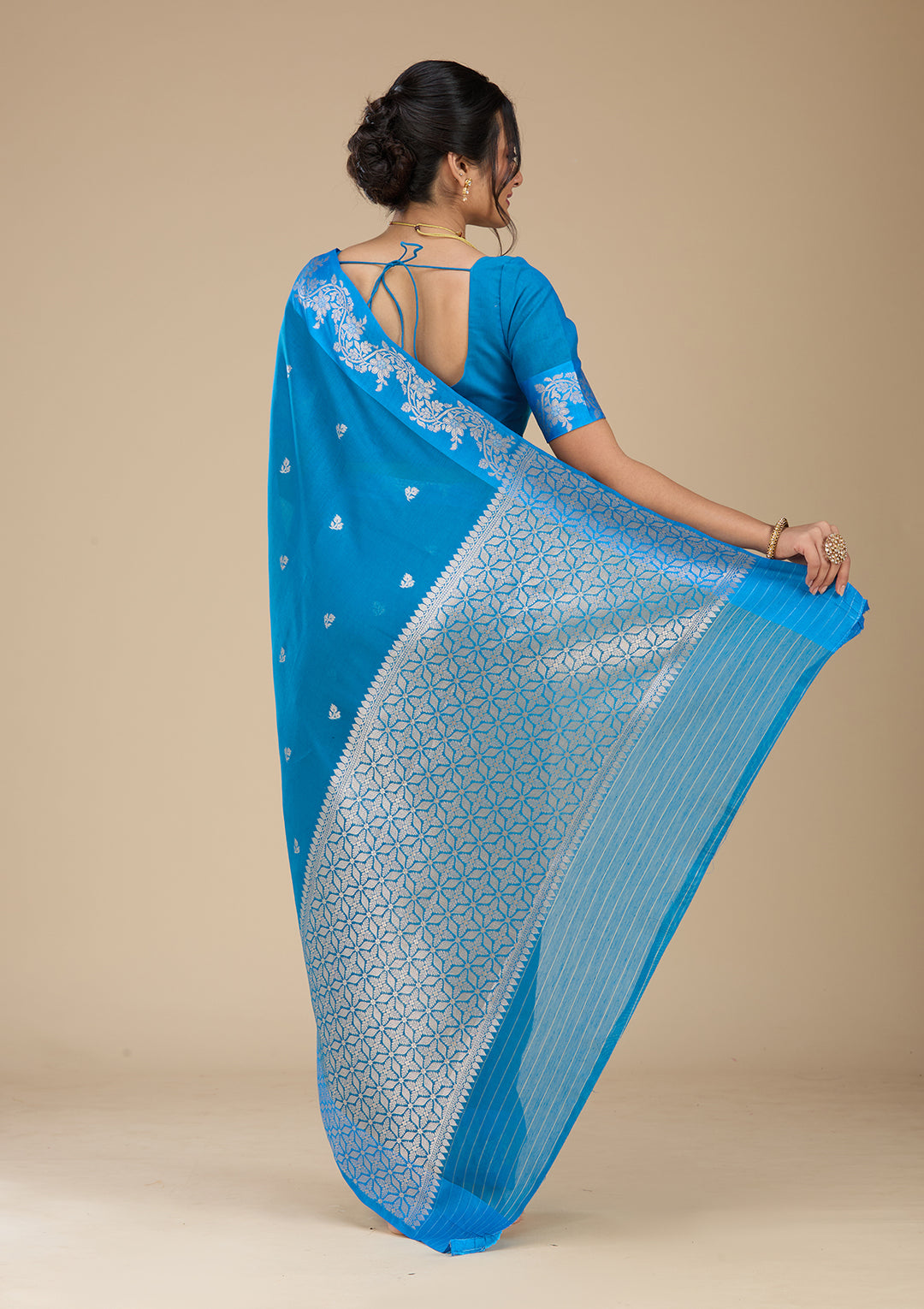 Peacock Blue Banarasi Silk Saree With Matching Blouse Piece