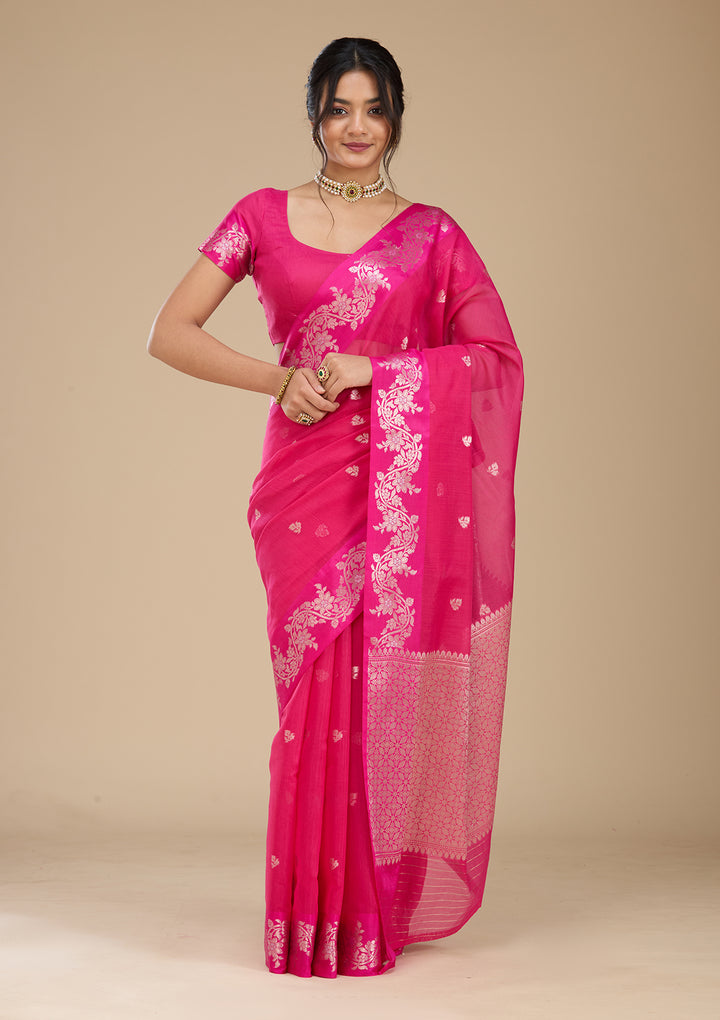 Rani Pink Banarasi Silk Saree With Matching Blouse Piece