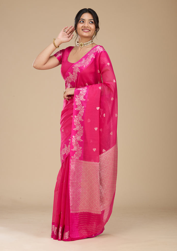 Rani Pink Banarasi Silk Saree With Matching Blouse Piece