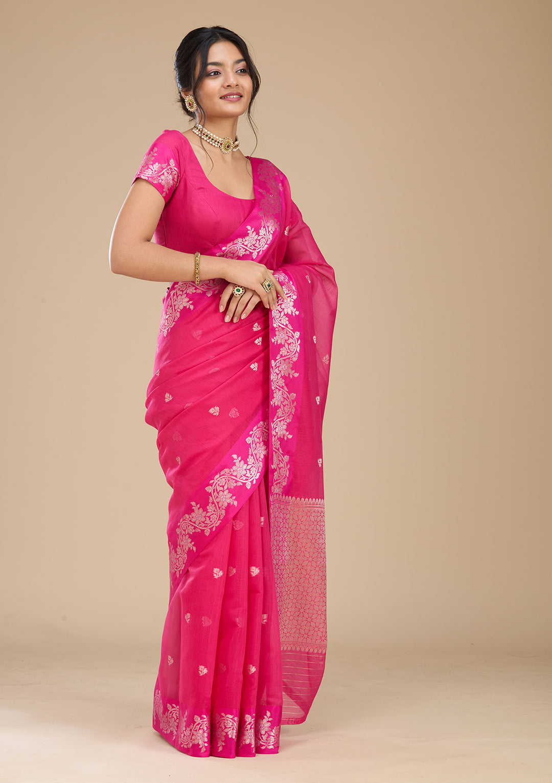 Rani Pink Banarasi Silk Saree With Matching Blouse Piece