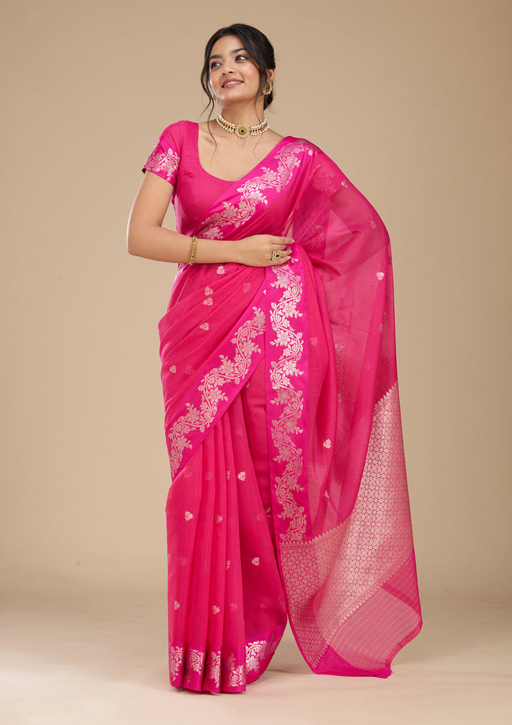 Rani Pink Banarasi Silk Saree With Matching Blouse Piece