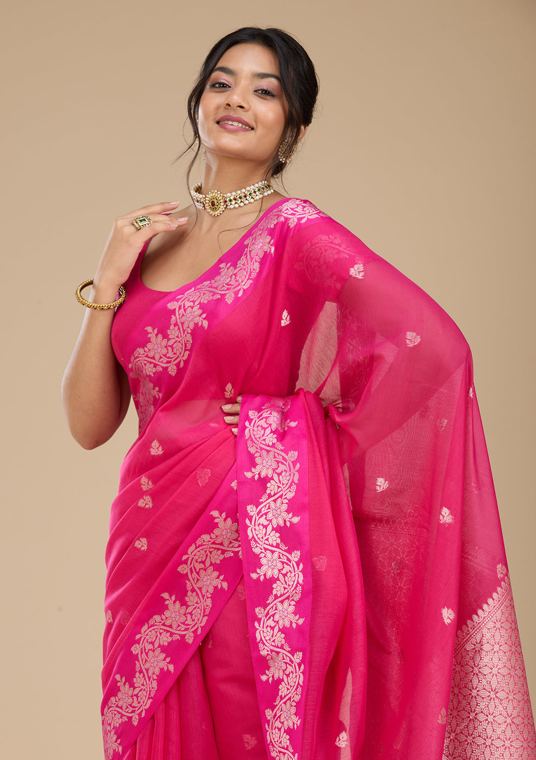 Rani Pink Banarasi Silk Saree With Matching Blouse Piece