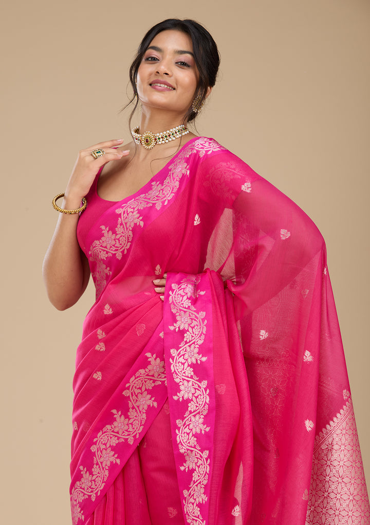 Rani Pink Banarasi Silk Saree With Matching Blouse Piece
