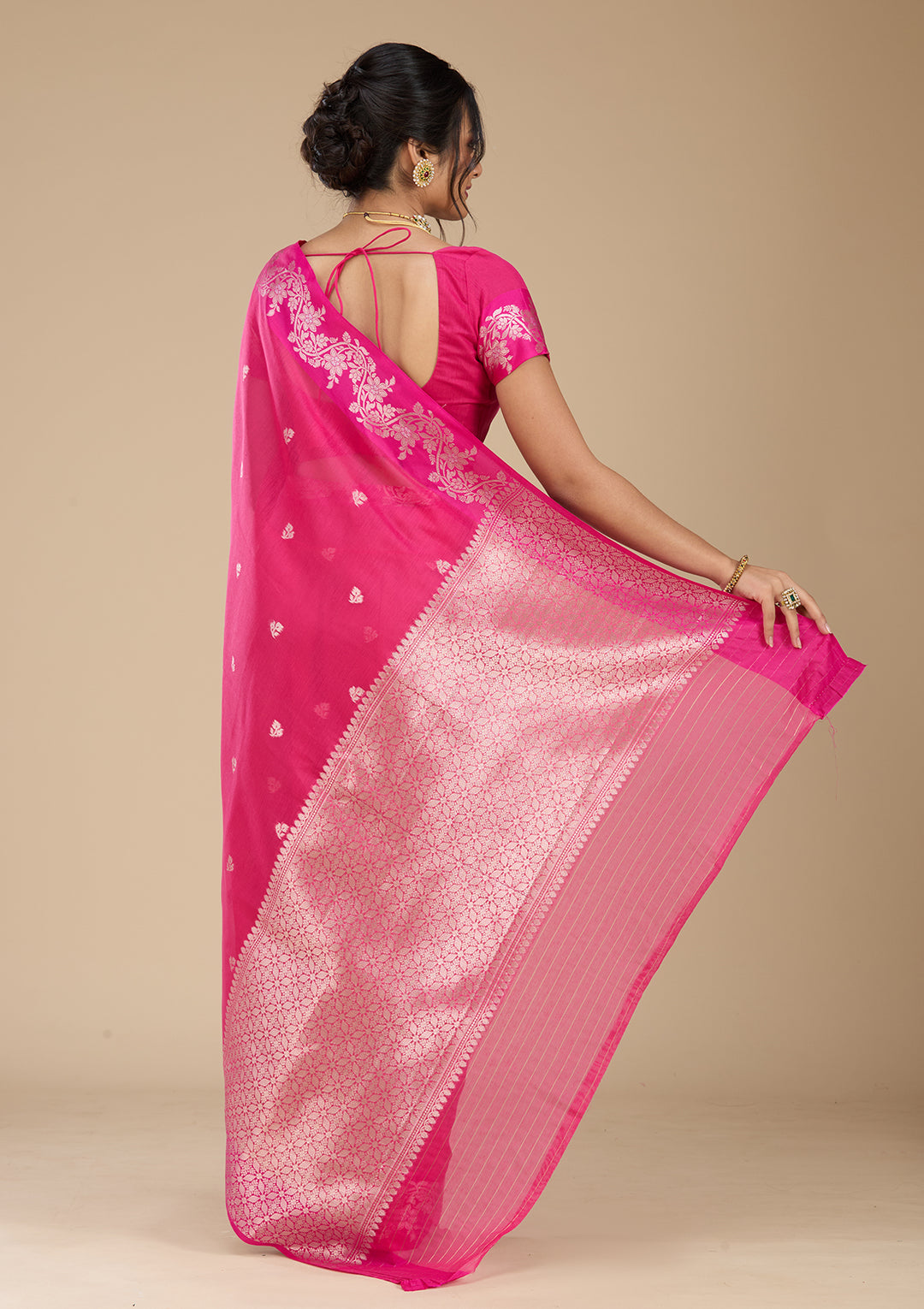 Rani Pink Banarasi Silk Saree With Matching Blouse Piece