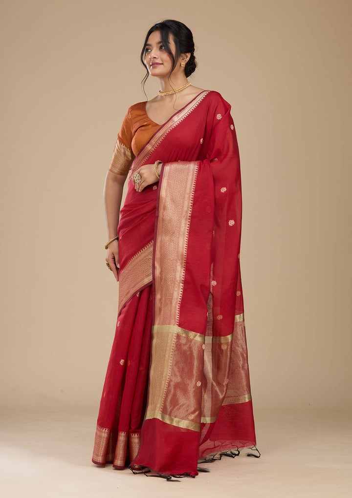 Maroon Banarasi Silk Saree With Matching Blouse Piece