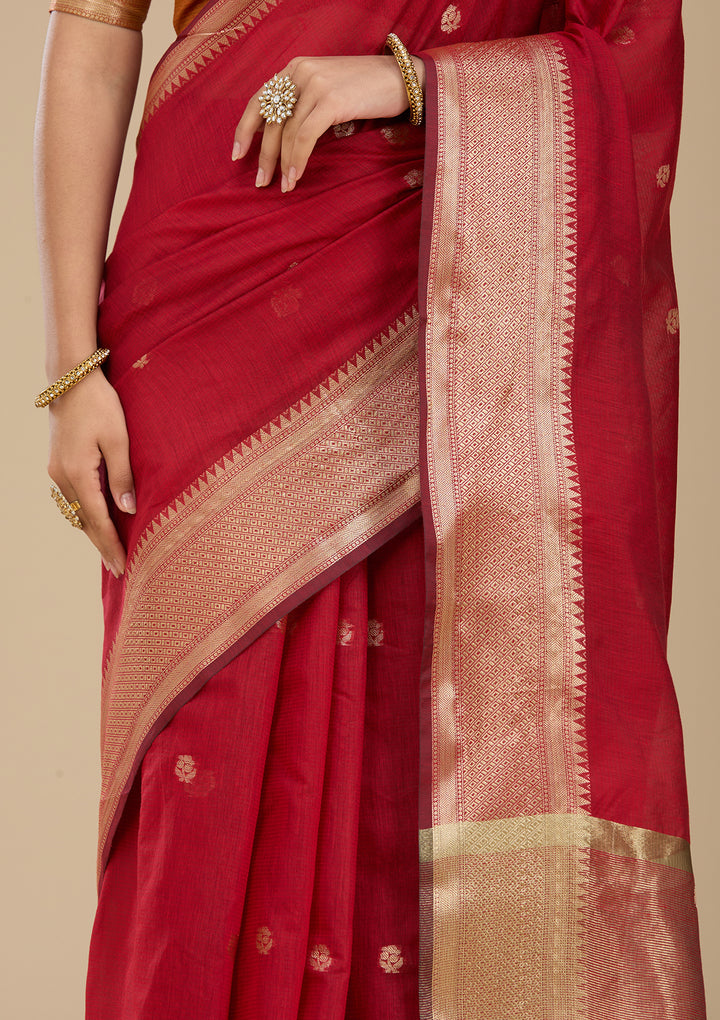 Maroon Banarasi Silk Saree With Matching Blouse Piece