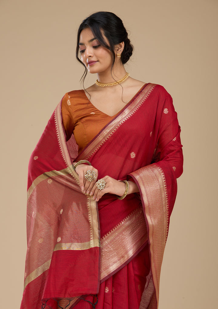 Maroon Banarasi Silk Saree With Matching Blouse Piece