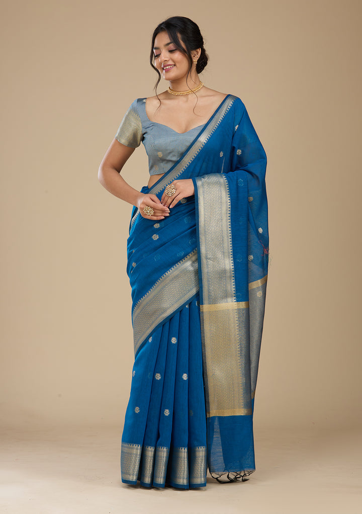Peacock Blue Banarasi Silk Saree With Matching Blouse Piece