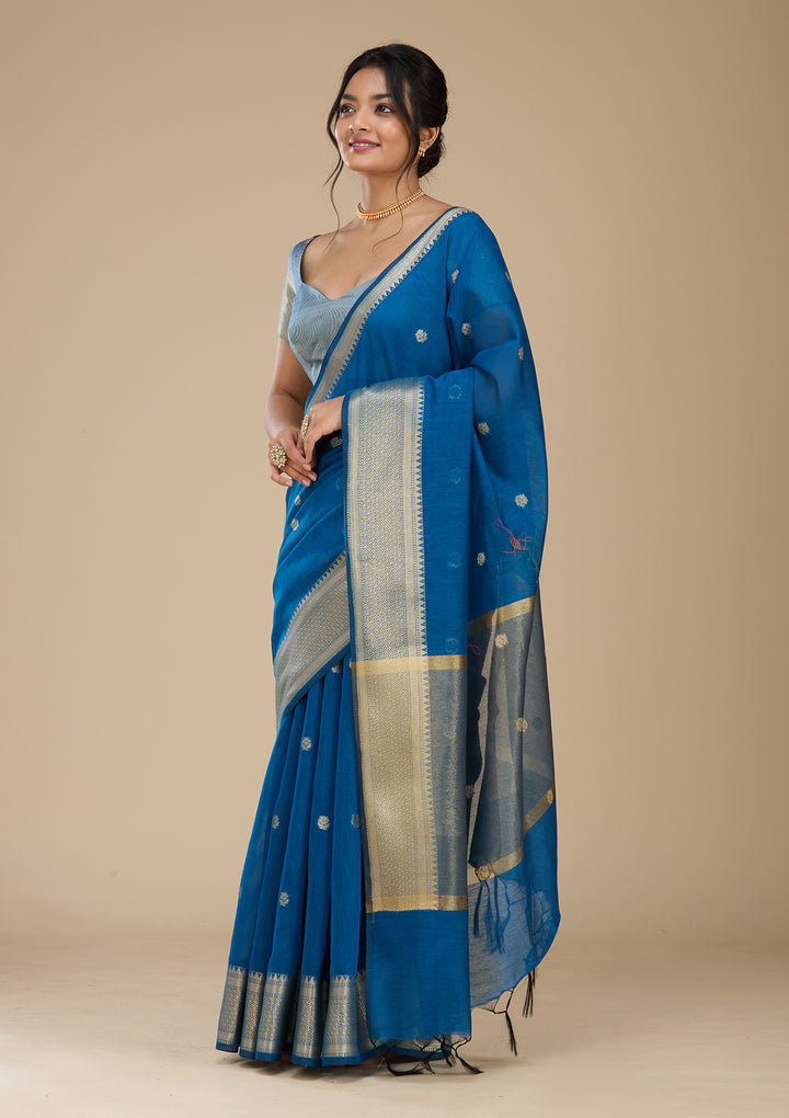Peacock Blue Banarasi Silk Saree With Matching Blouse Piece