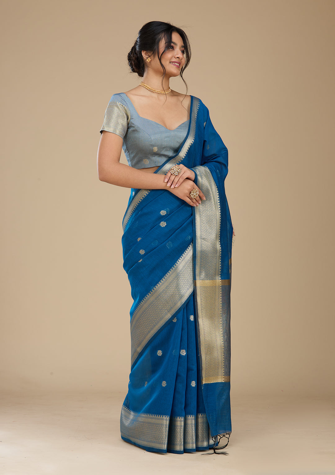 Peacock Blue Banarasi Silk Saree With Matching Blouse Piece