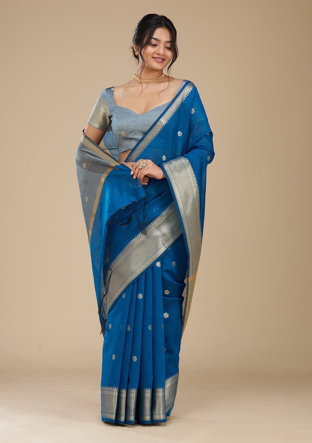 Peacock Blue Banarasi Silk Saree With Matching Blouse Piece