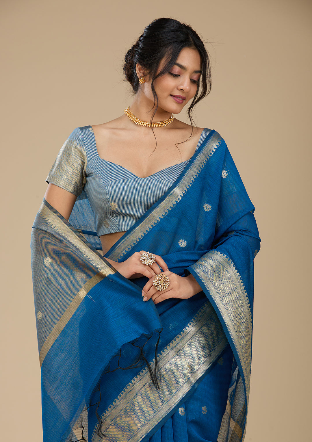 Peacock Blue Banarasi Silk Saree With Matching Blouse Piece