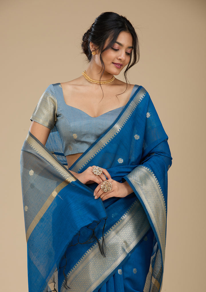 Peacock Blue Banarasi Silk Saree With Matching Blouse Piece