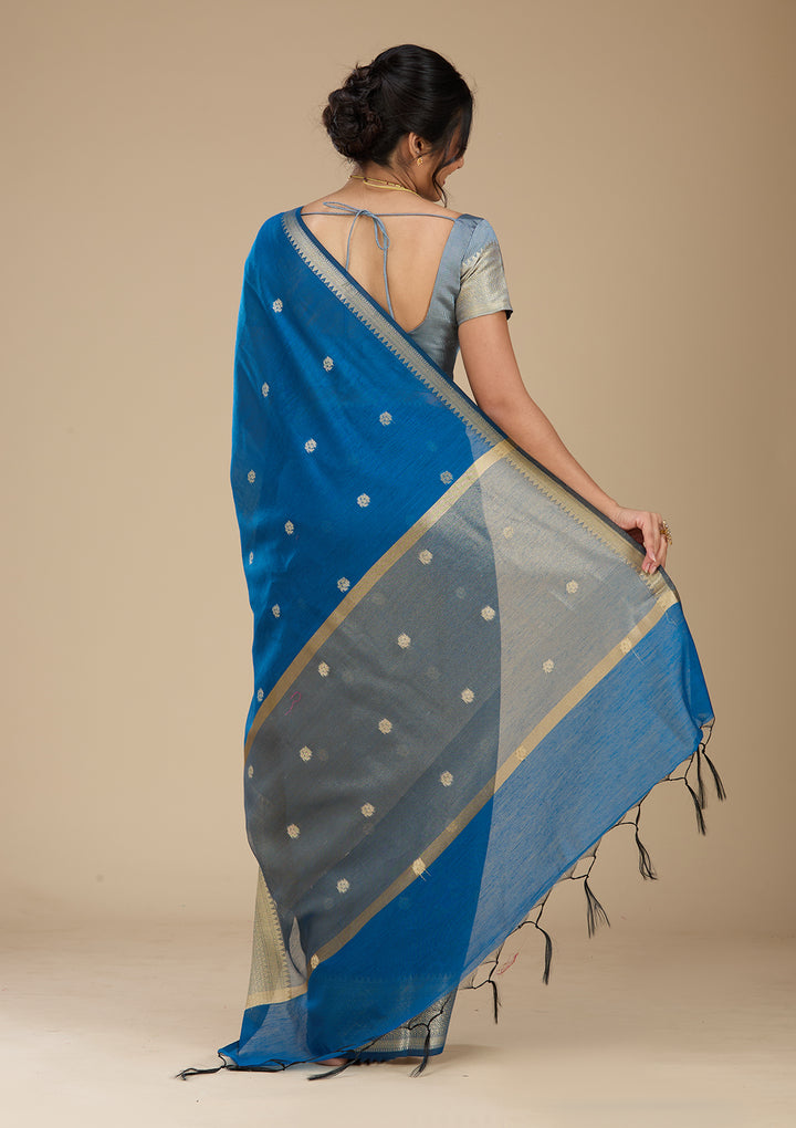 Peacock Blue Banarasi Silk Saree With Matching Blouse Piece