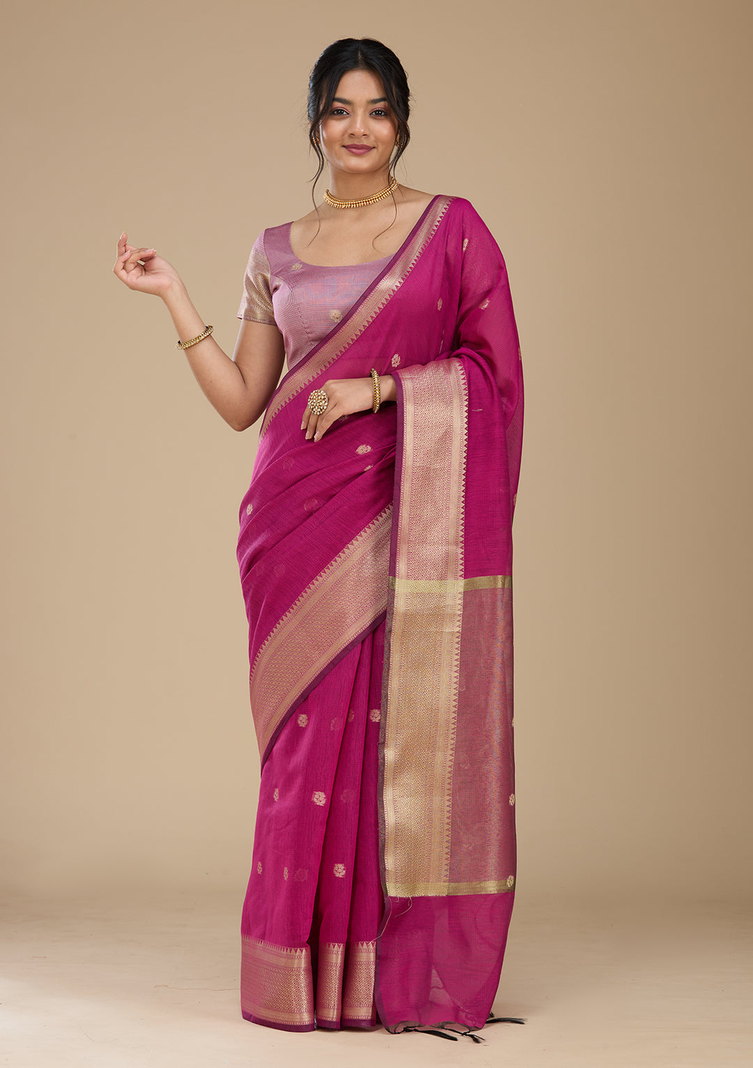 Wine Banarasi Silk Saree With Matching Blouse Piece
