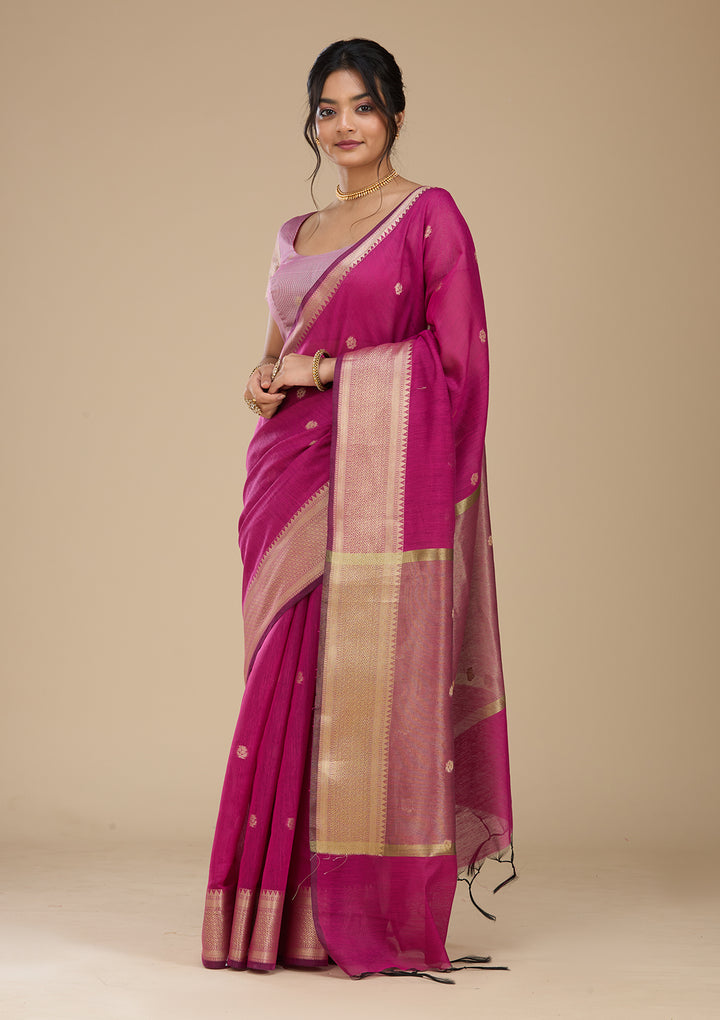 Wine Banarasi Silk Saree With Matching Blouse Piece