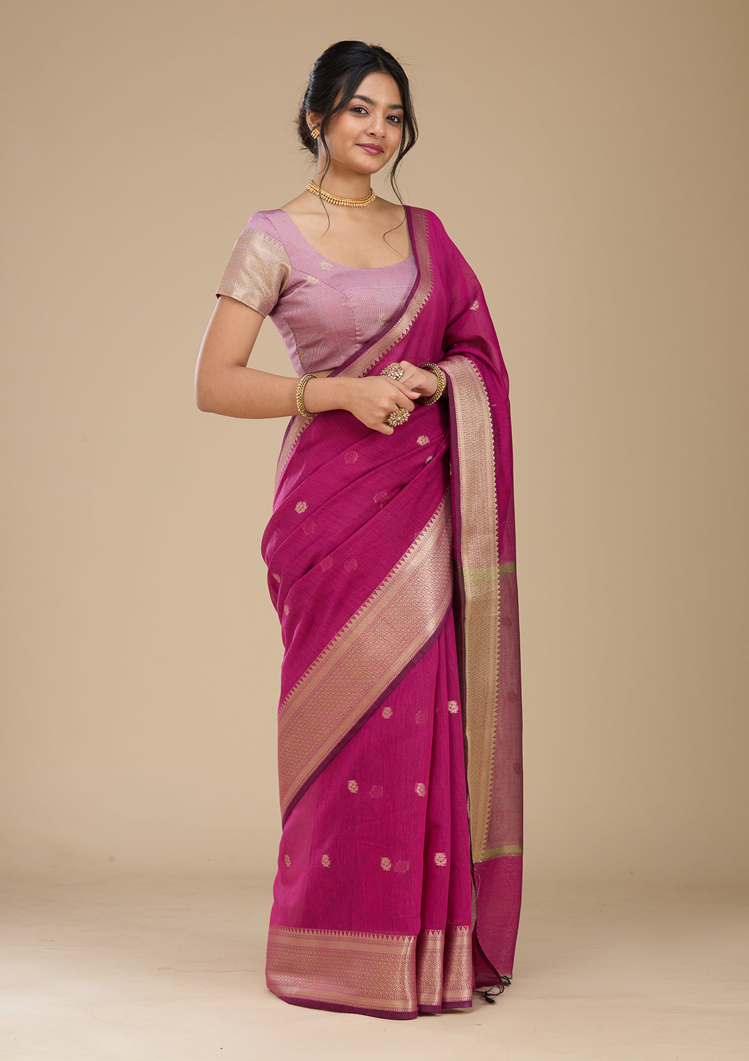 Wine Banarasi Silk Saree With Matching Blouse Piece