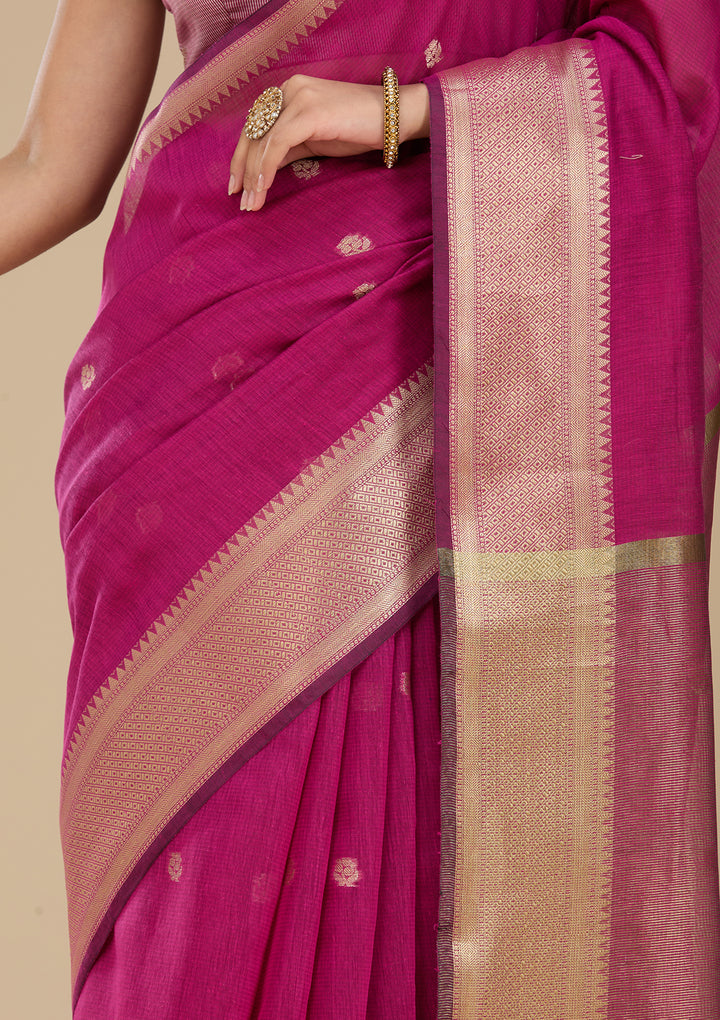 Wine Banarasi Silk Saree With Matching Blouse Piece