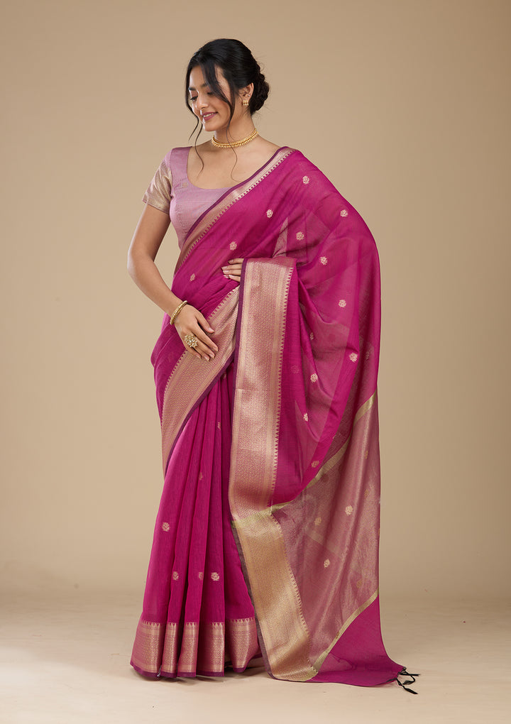 Wine Banarasi Silk Saree With Matching Blouse Piece