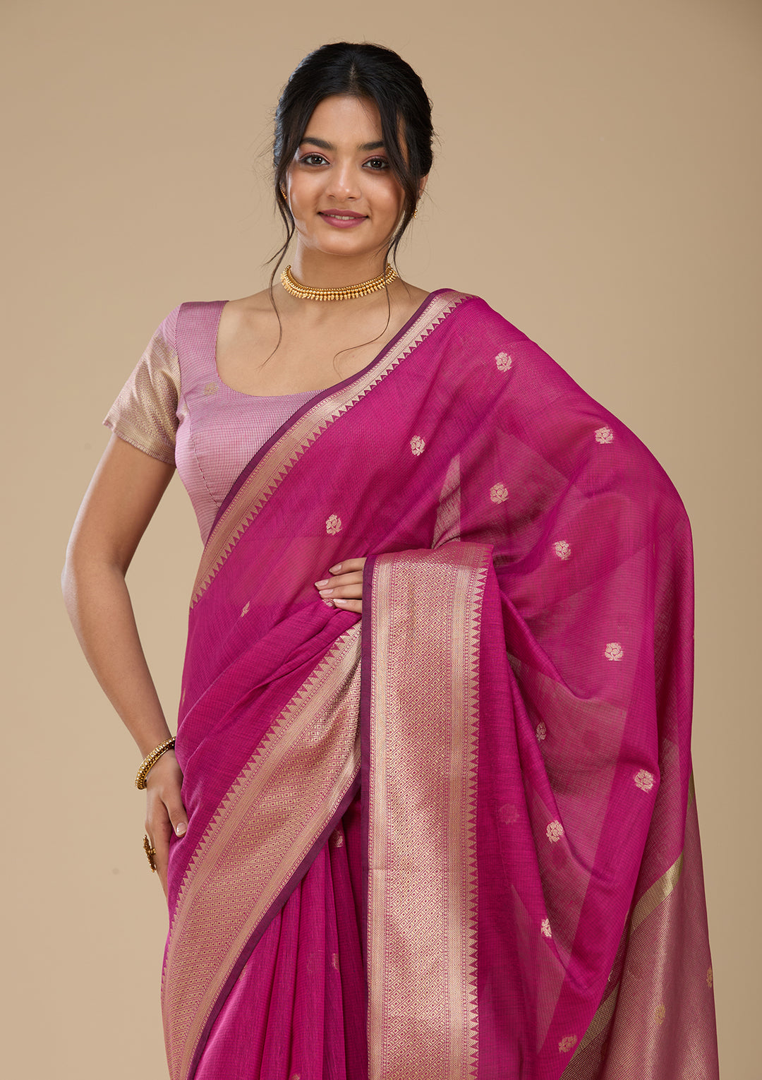 Wine Banarasi Silk Saree With Matching Blouse Piece