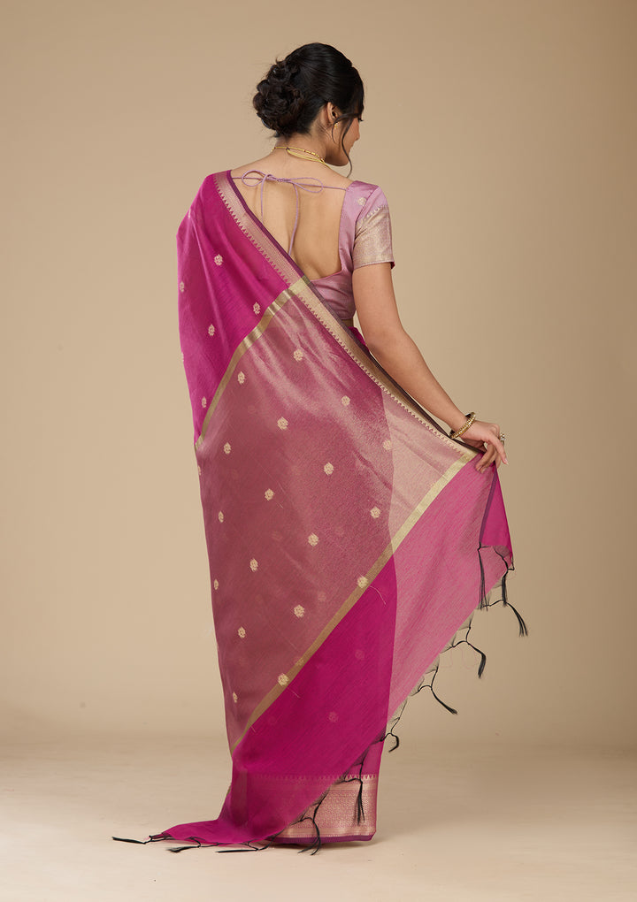 Wine Banarasi Silk Saree With Matching Blouse Piece