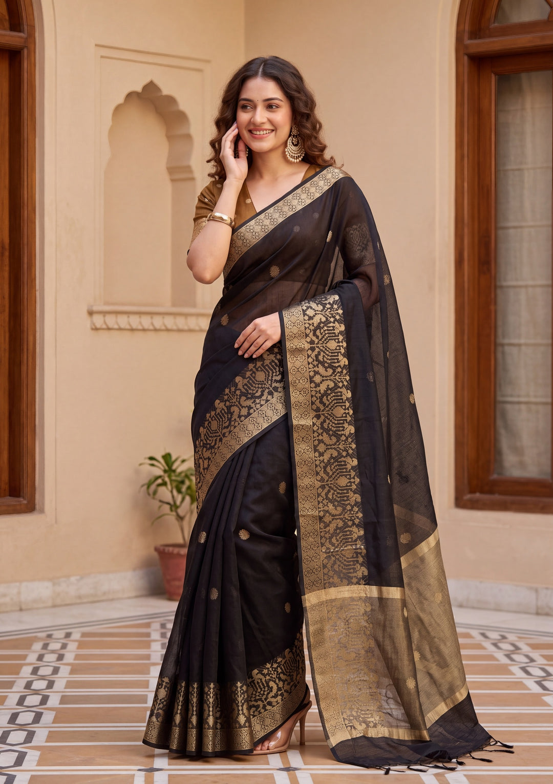 Black Art Silk Patola Buti Saree With Matching Blouse Piece