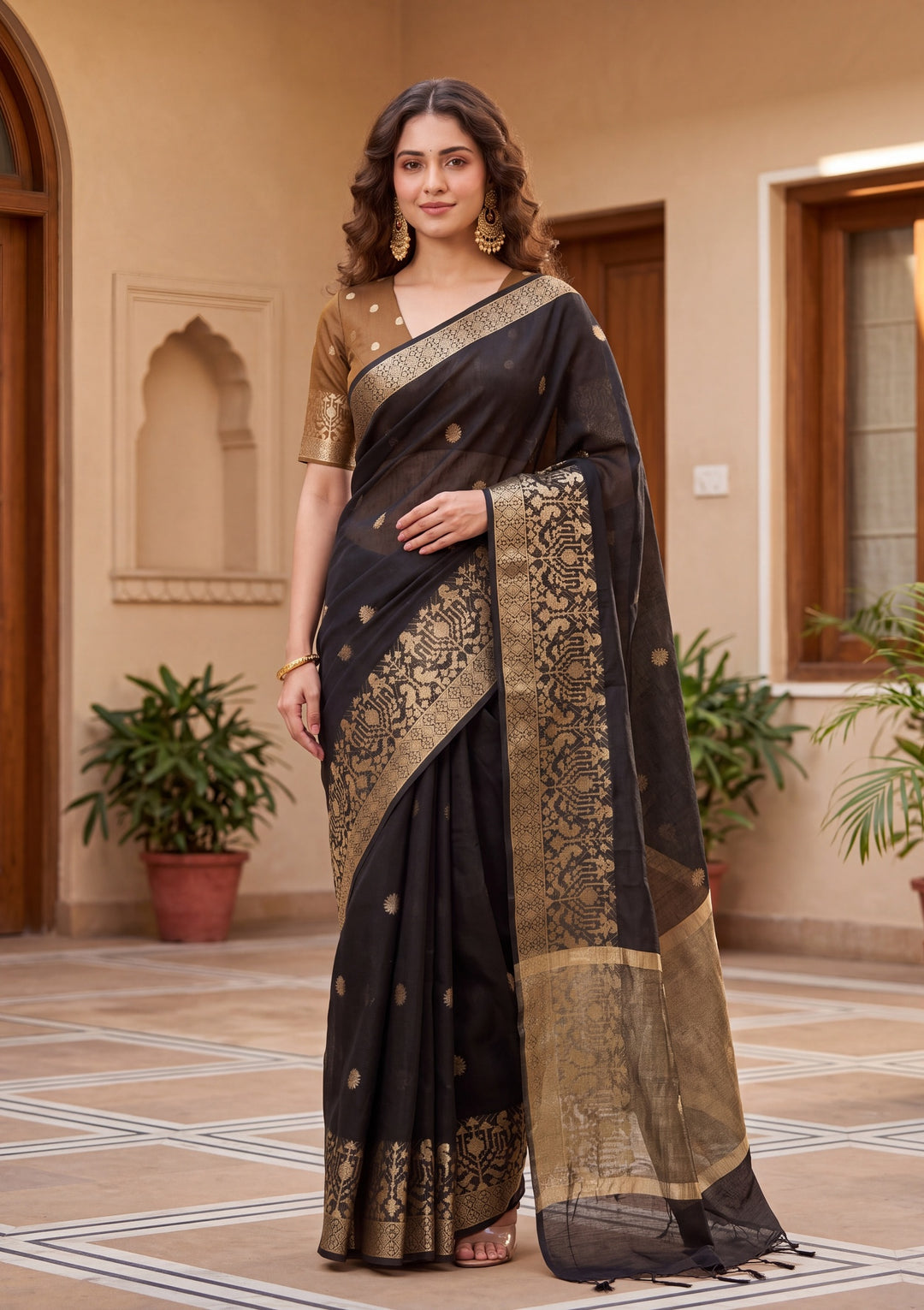 Black Art Silk Patola Buti Saree With Matching Blouse Piece