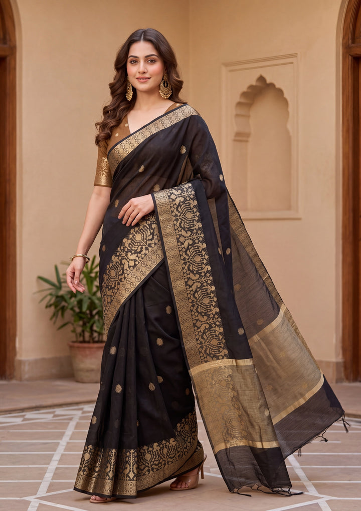 Black Art Silk Patola Buti Saree With Matching Blouse Piece