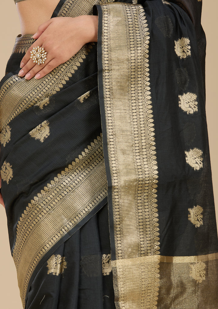 Black Banarasi Silk Saree With Matching Blouse Piece