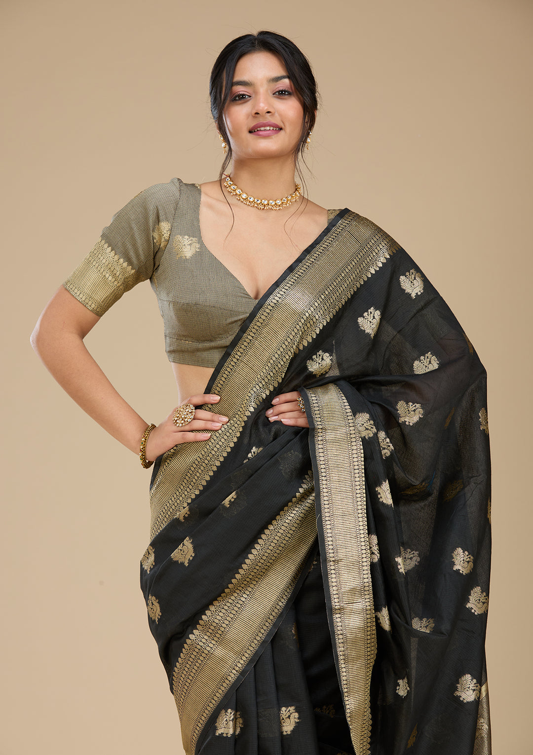 Black Banarasi Silk Saree With Matching Blouse Piece