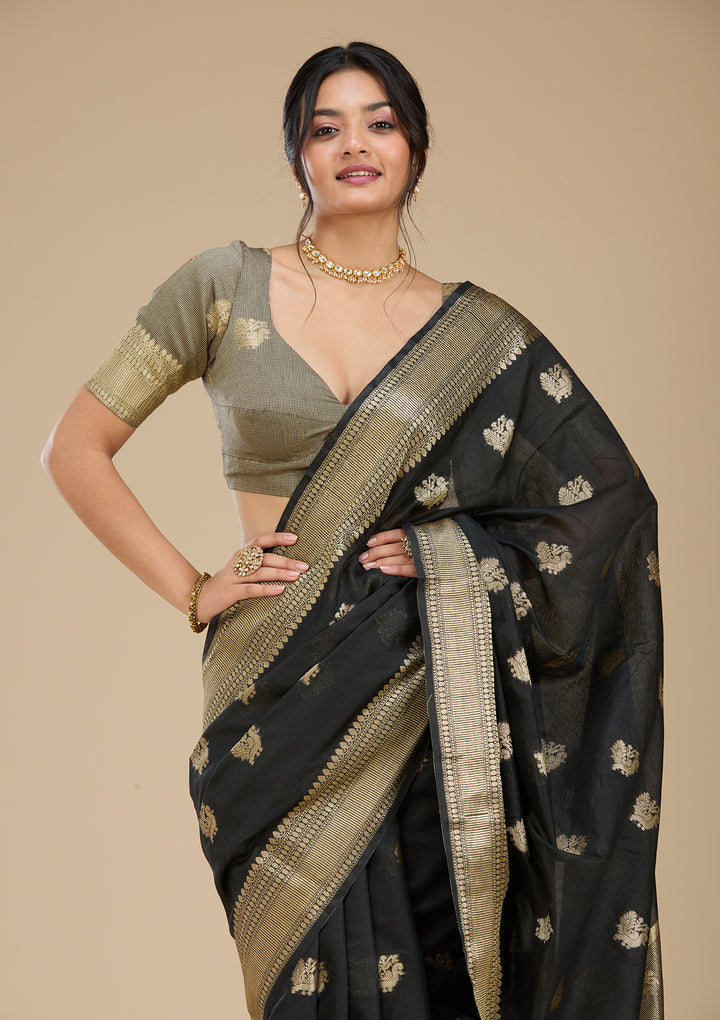 Black Banarasi Silk Saree With Matching Blouse Piece