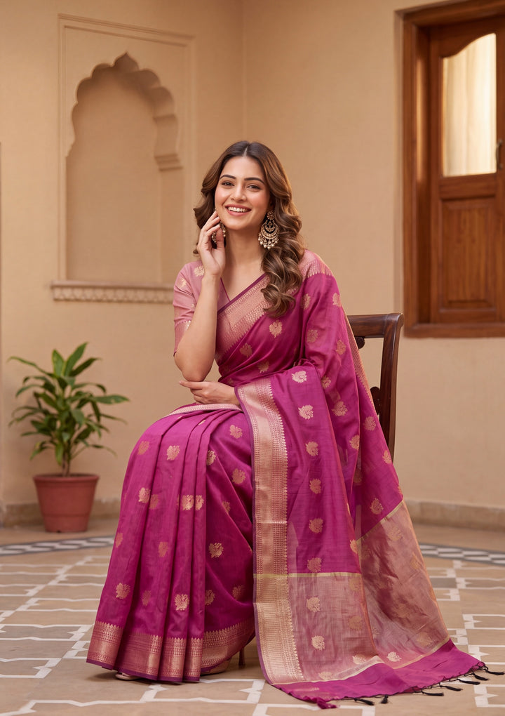 Magenta Pink Art Silk Banarasi Buti Saree With Matching Blouse Piece
