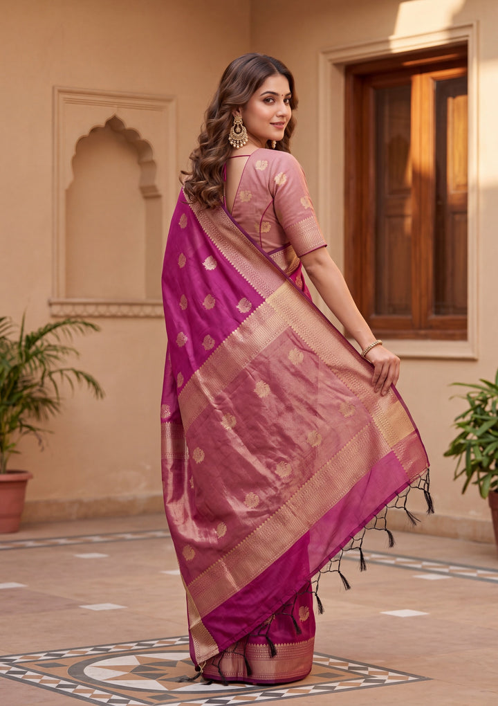 Magenta Pink Art Silk Banarasi Buti Saree With Matching Blouse Piece