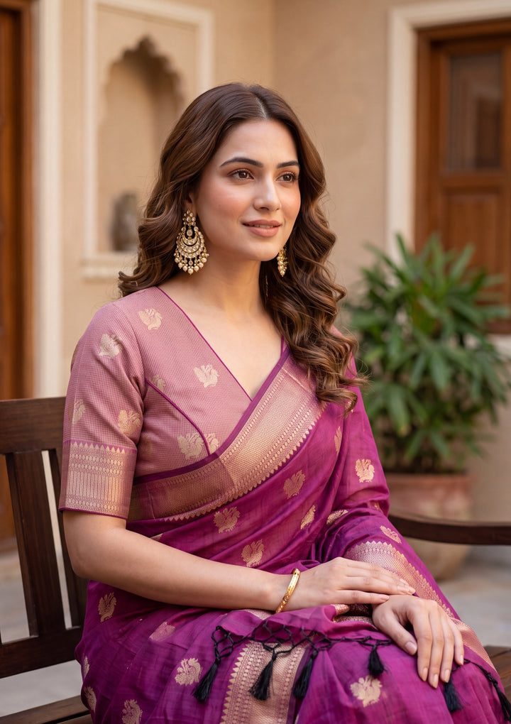 Magenta Pink Art Silk Banarasi Buti Saree With Matching Blouse Piece