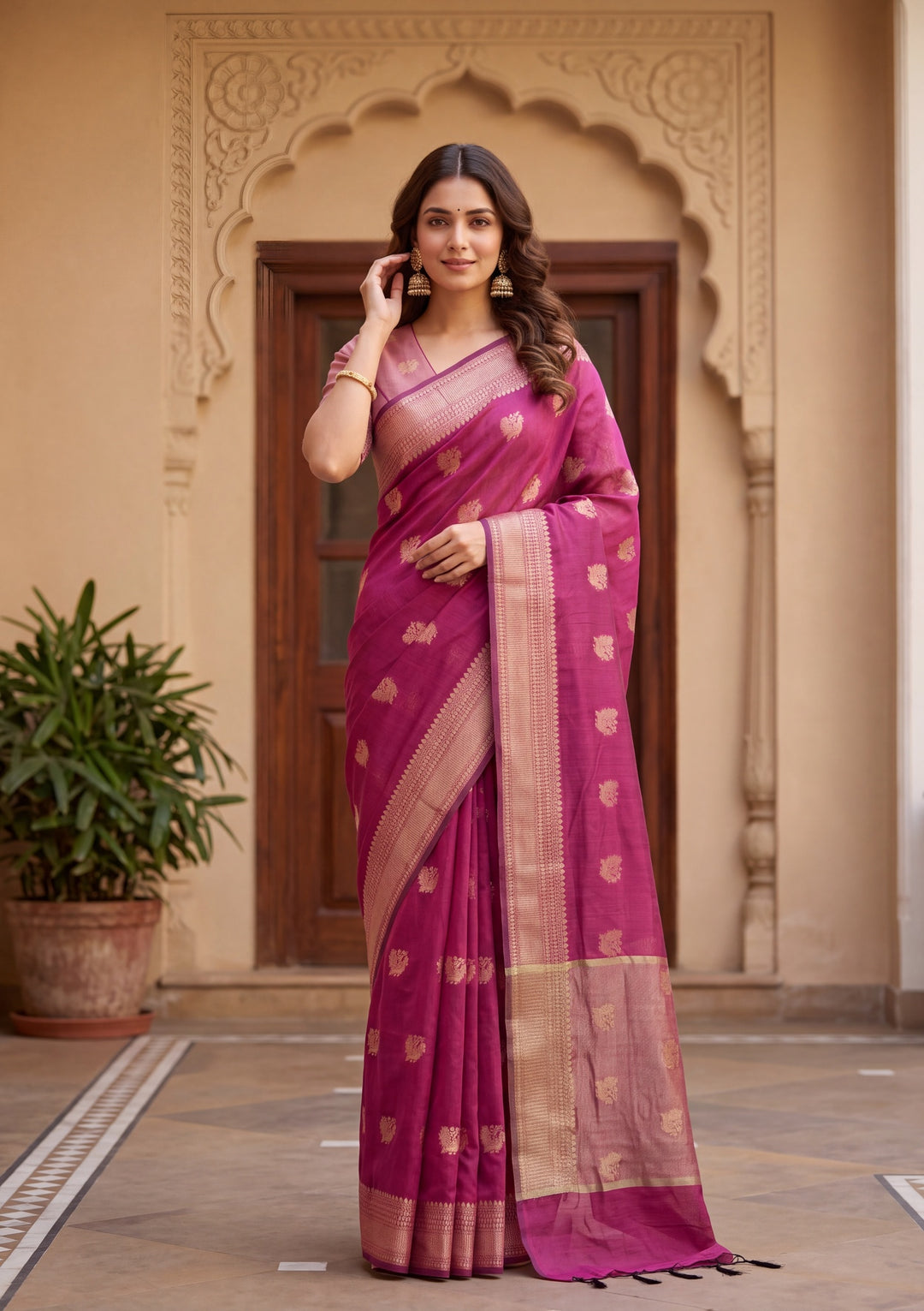 Magenta Pink Art Silk Banarasi Buti Saree With Matching Blouse Piece