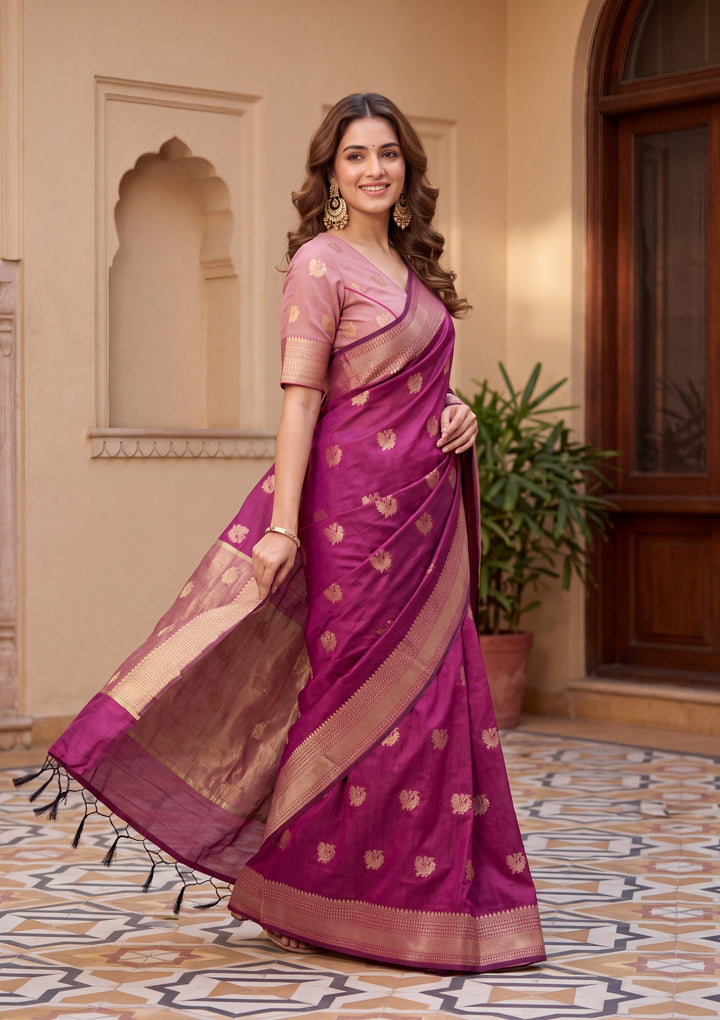 Magenta Pink Art Silk Banarasi Buti Saree With Matching Blouse Piece