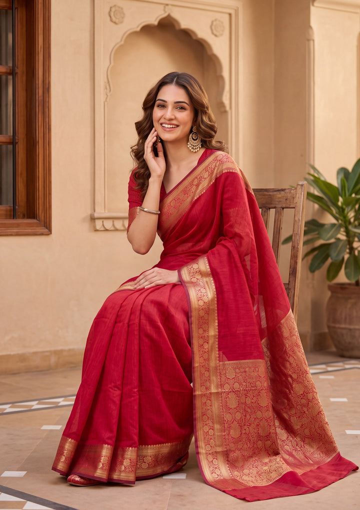 Maroon Cotton Banarasi Buti Saree With Matching Blouse Piece