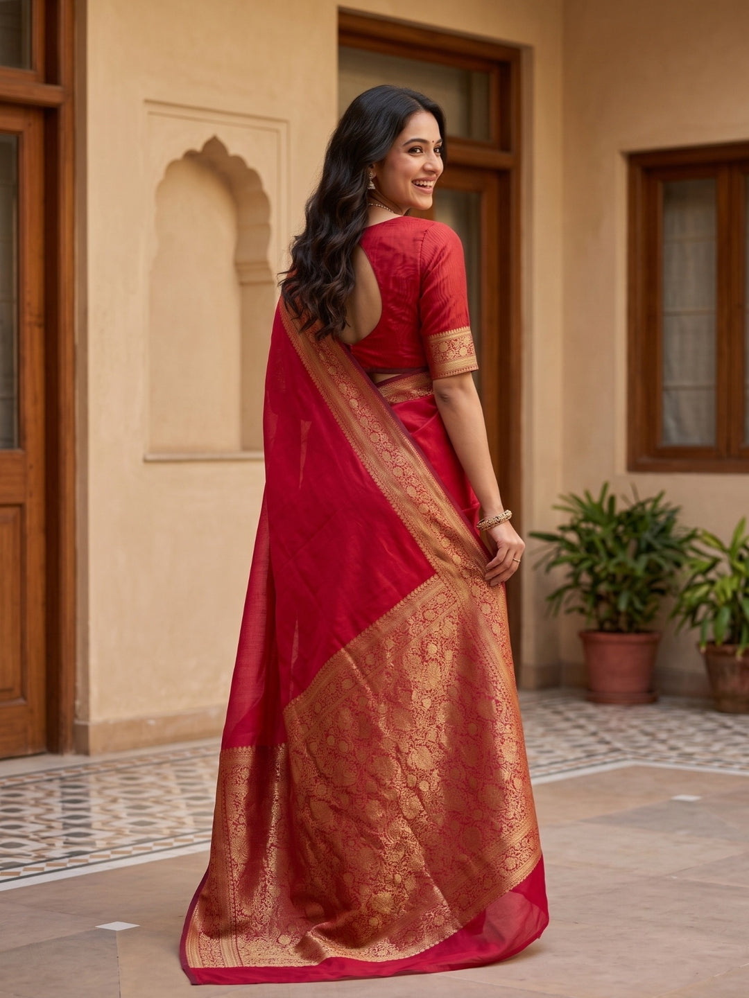 Maroon Cotton Banarasi Buti Saree With Matching Blouse Piece
