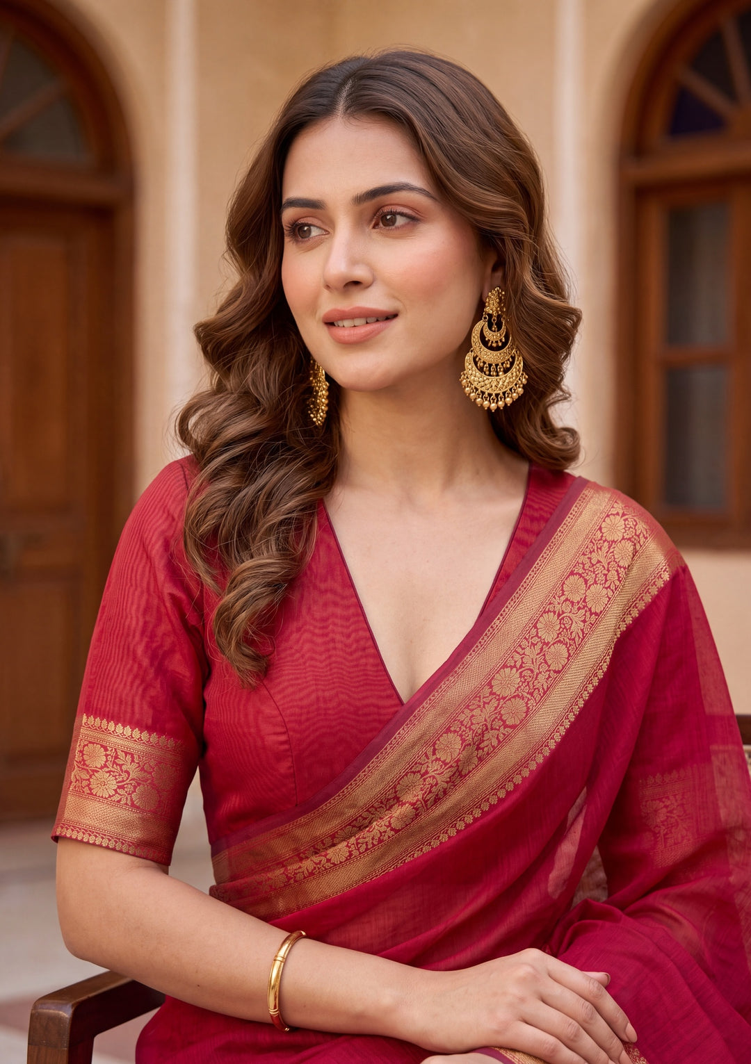 Maroon Cotton Banarasi Buti Saree With Matching Blouse Piece