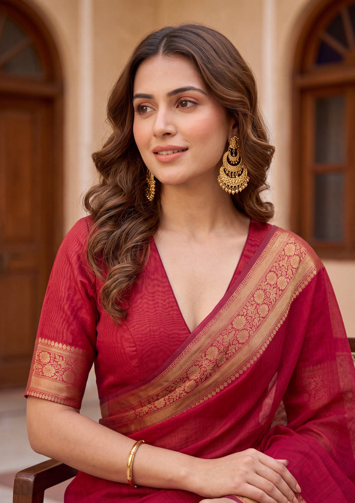 Maroon Cotton Banarasi Buti Saree With Matching Blouse Piece