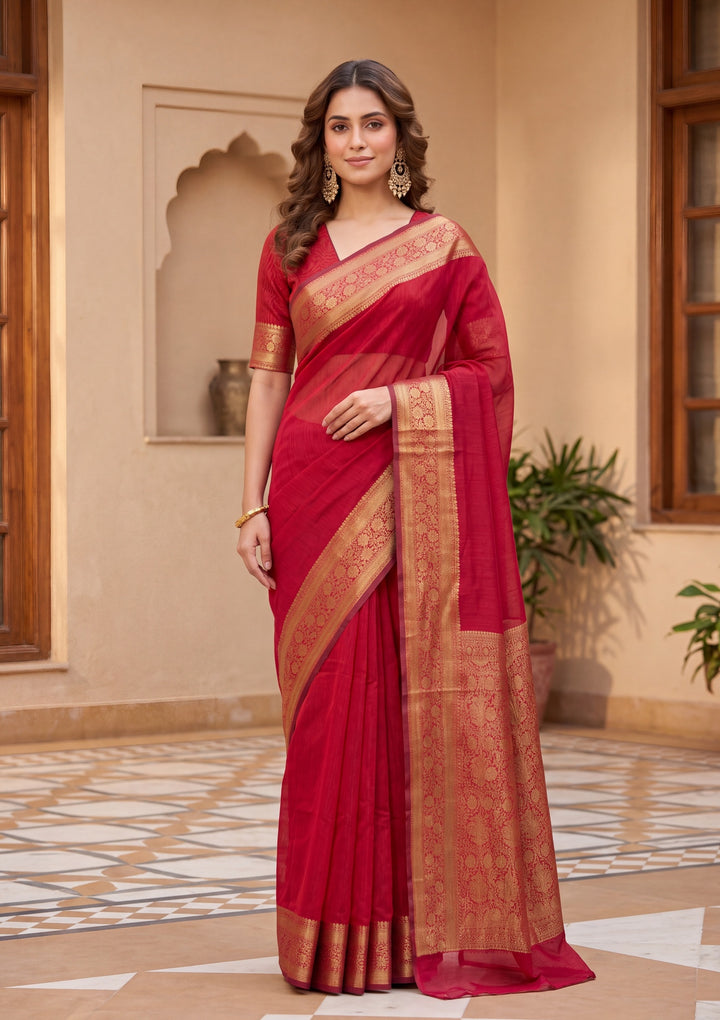 Maroon Cotton Banarasi Buti Saree With Matching Blouse Piece