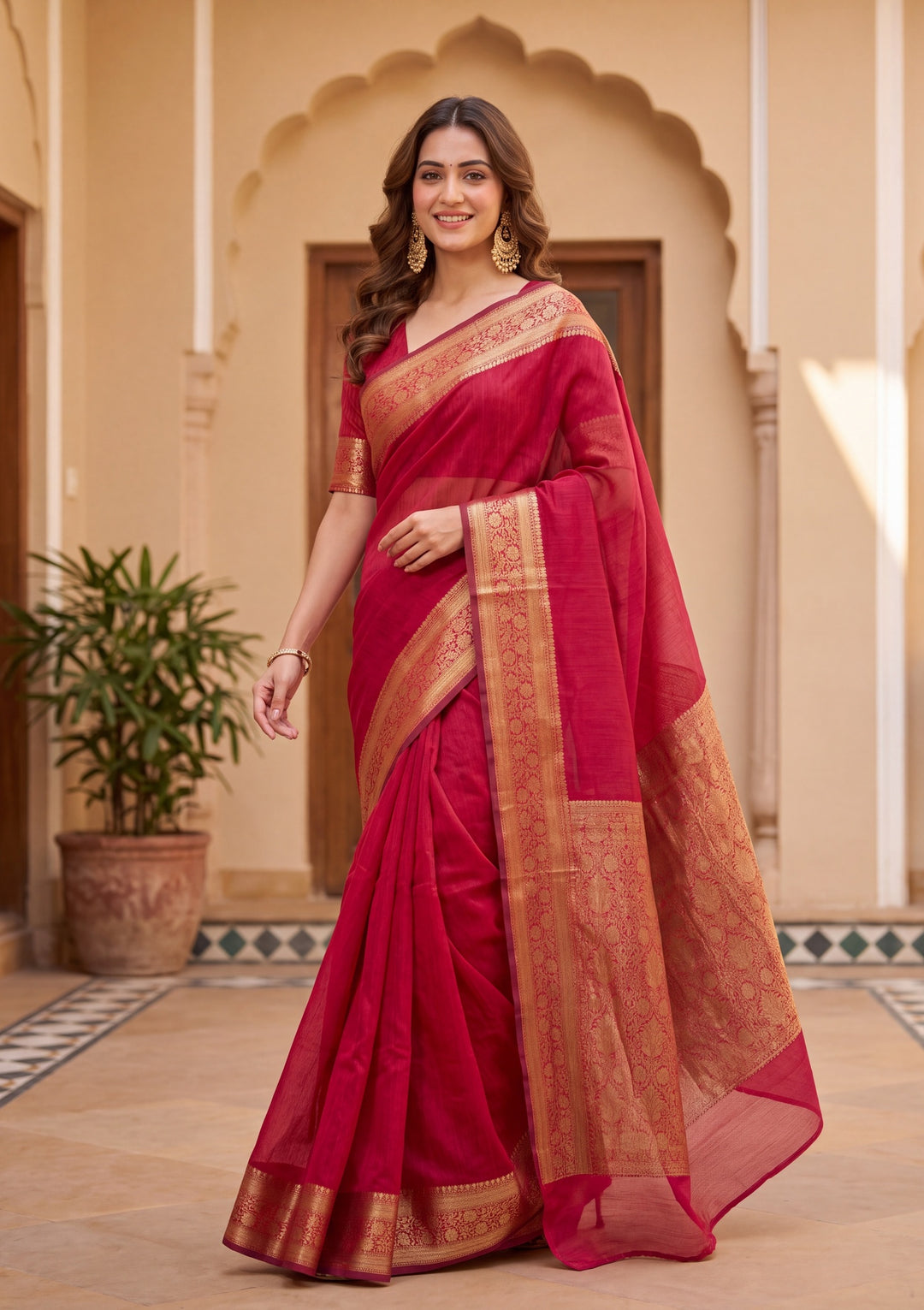 Maroon Cotton Banarasi Buti Saree With Matching Blouse Piece