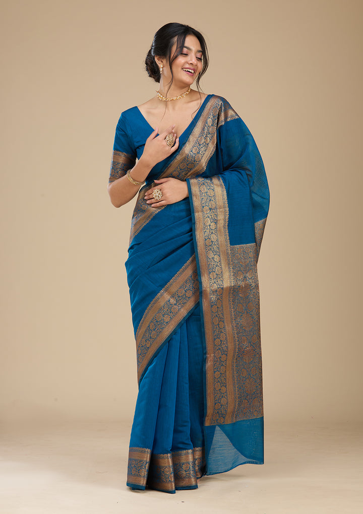 Peacock Blue Banarasi Cotton Silk Saree With Matching Blouse Piece