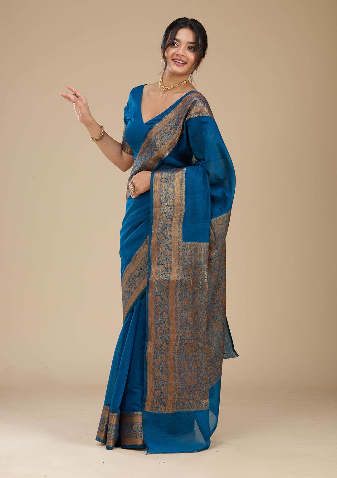 Peacock Blue Banarasi Cotton Silk Saree With Matching Blouse Piece